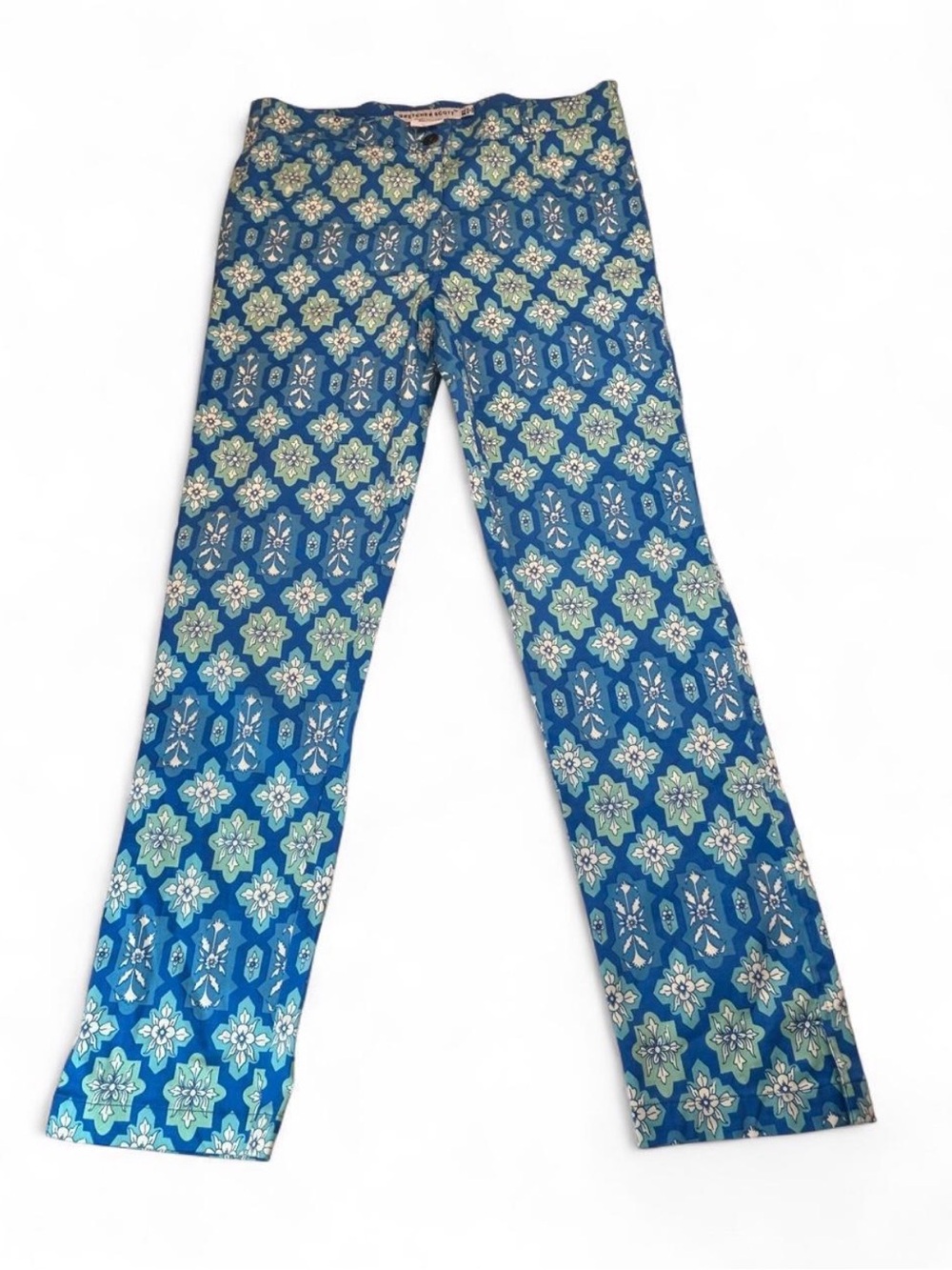 Gretchen Scott Designs Blue and Light Green Geometric Print Straight Leg Pants